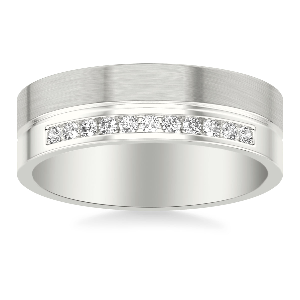 7MM Band with Asymmetrical Channel Set Diamonds and Polished and Brushed Finishes Separated by Horizontal Groove and Flat Top & Flat Edge Profile