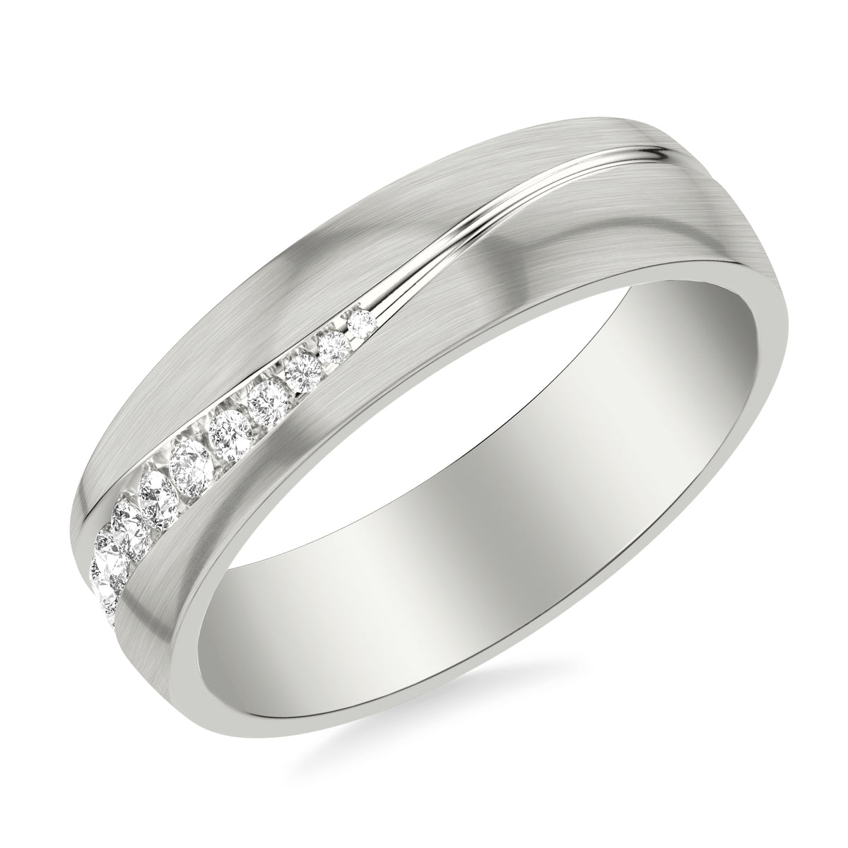 6MM Band with Wave Diamond Channel Set Groove Separating Brushed and Soft Sand Finishes with Low Dome Profile