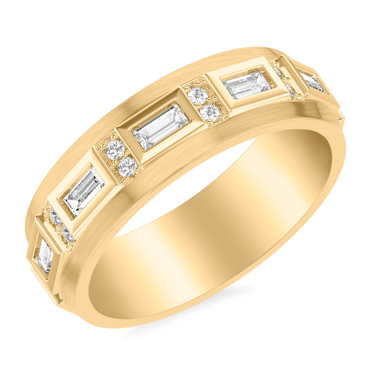 7MM Modernist Diamond Collection Band with Alternating Bezel Set Baguette & Channel Set Diamonds & Brushed Center & Polish Finish Stepped Edge Profile