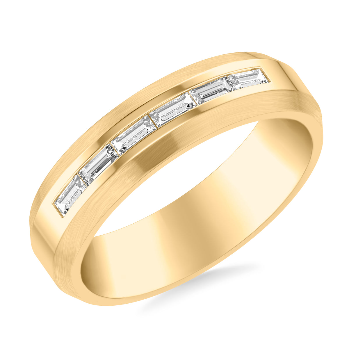 6MM Modernist Diamond Collection Band with Channel Set Baguette Diamond Accent with Brush Center and Polished Finish Beveled Edge Profile