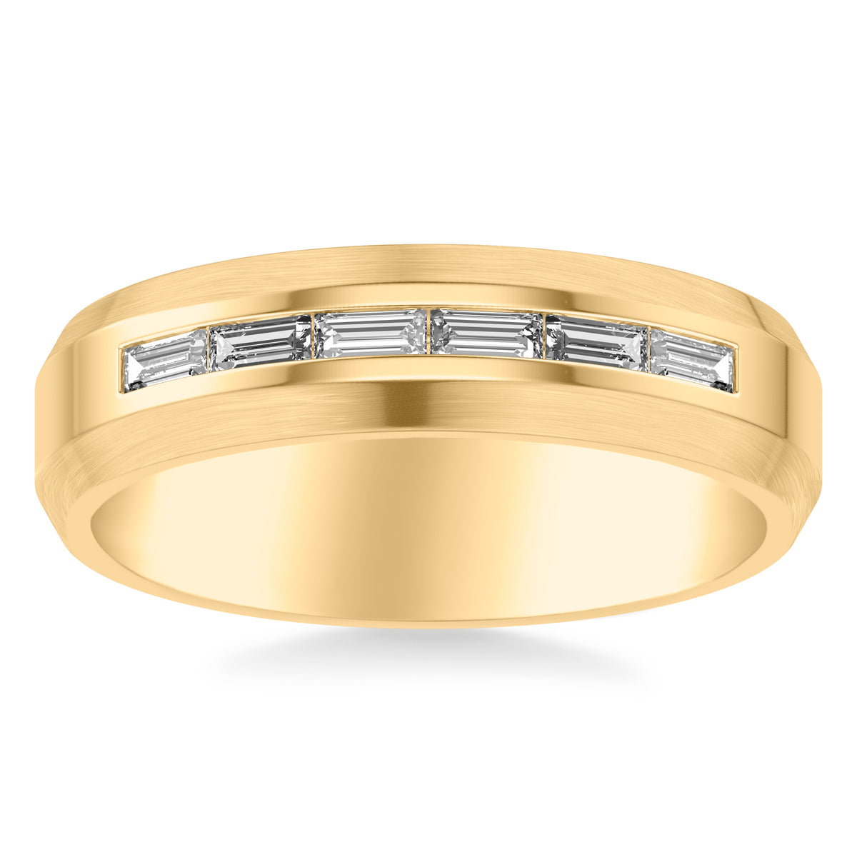 6MM Modernist Diamond Collection Band with Channel Set Baguette Diamond Accent with Brush Center and Polished Finish Beveled Edge Profile