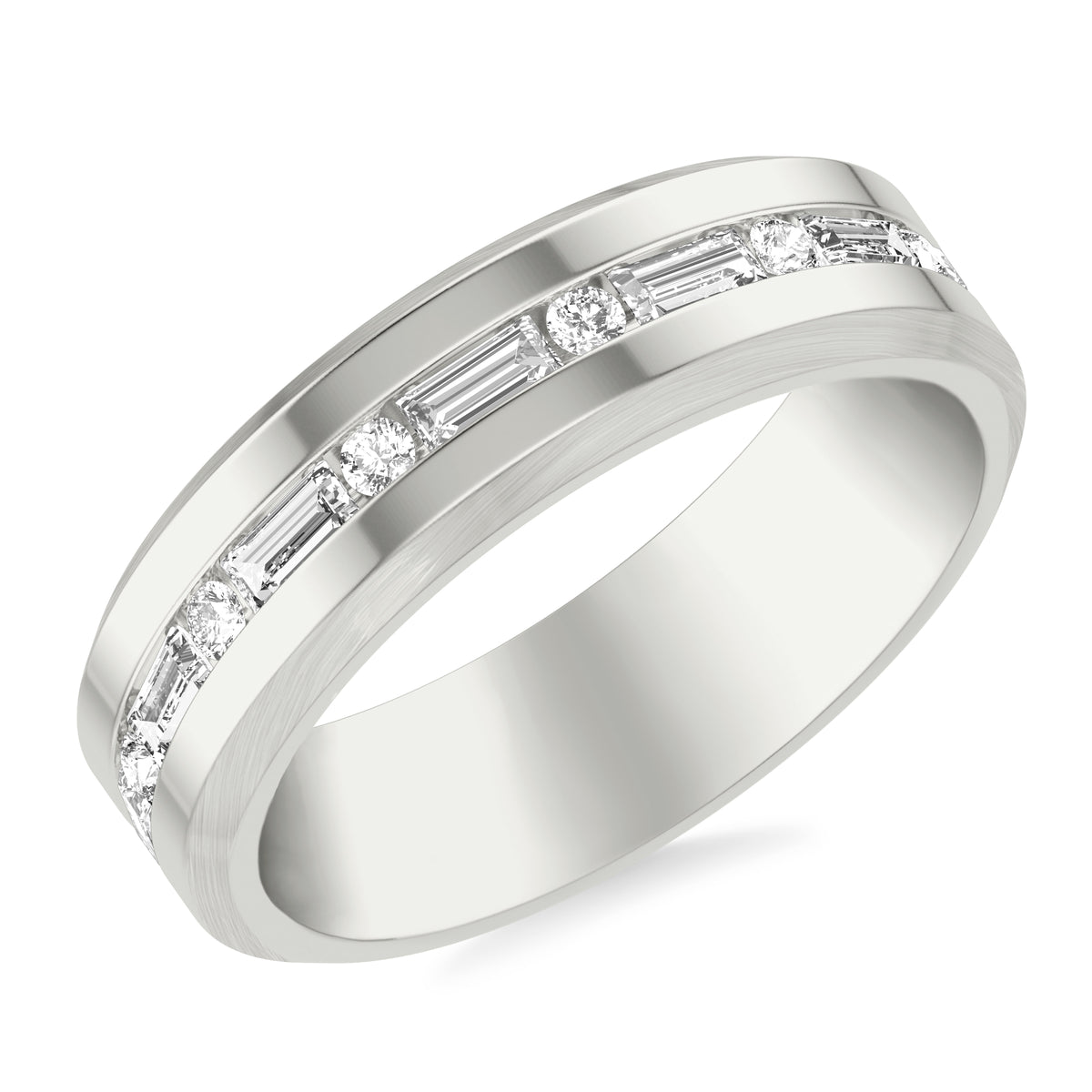 6MM Modernist Diamond Collection Band with Alternating Channel Set Baguette & Round Diamonds with Brush Center & Polished Finish Beveled Edge Profile