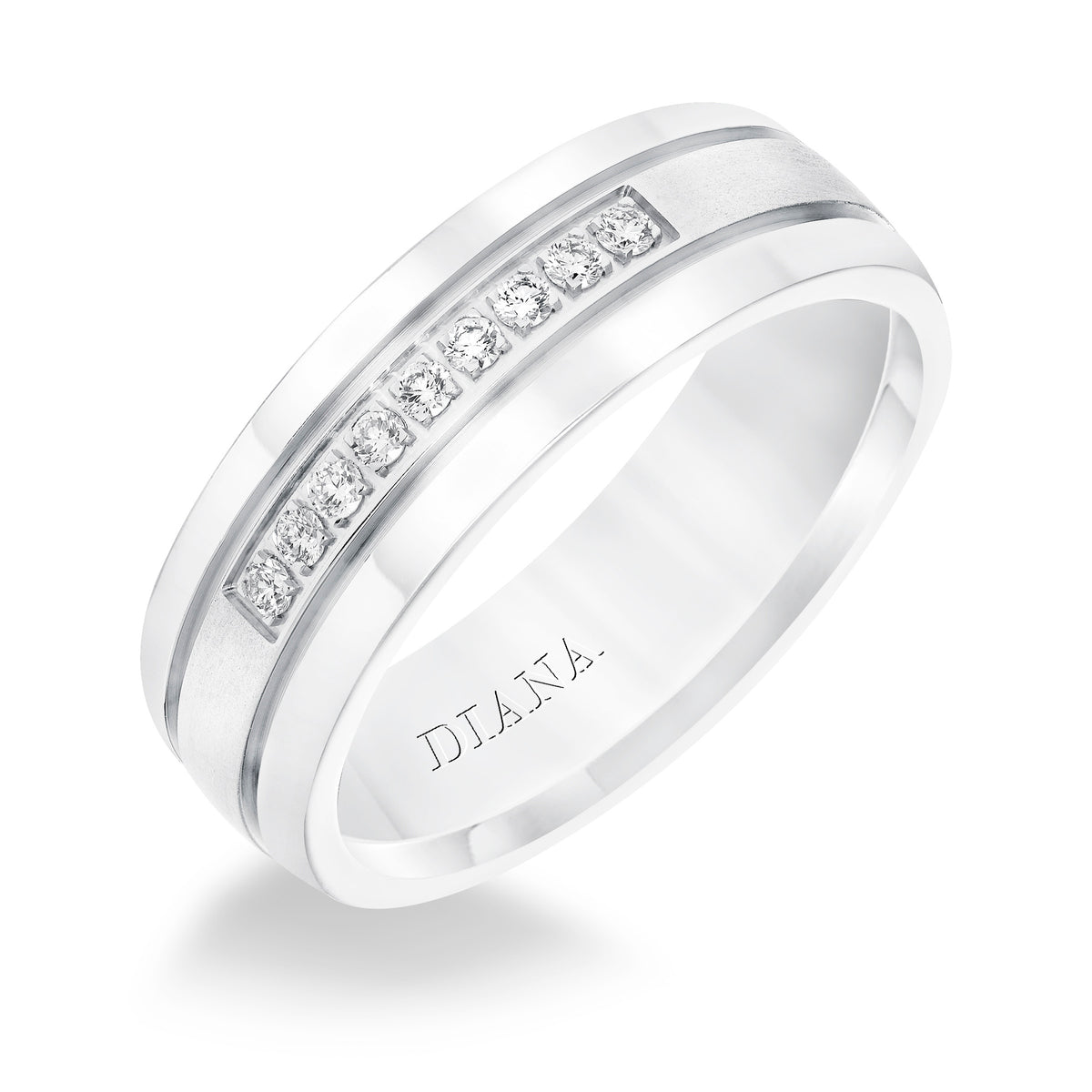 Men's diamond wedding band with satin finish, and low dome with flat edges.