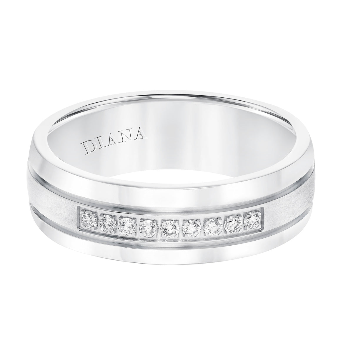 Men's diamond wedding band with satin finish, and low dome with flat edges.