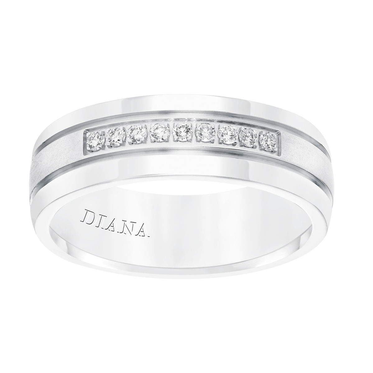 Men's diamond wedding band with satin finish, and low dome with flat edges.