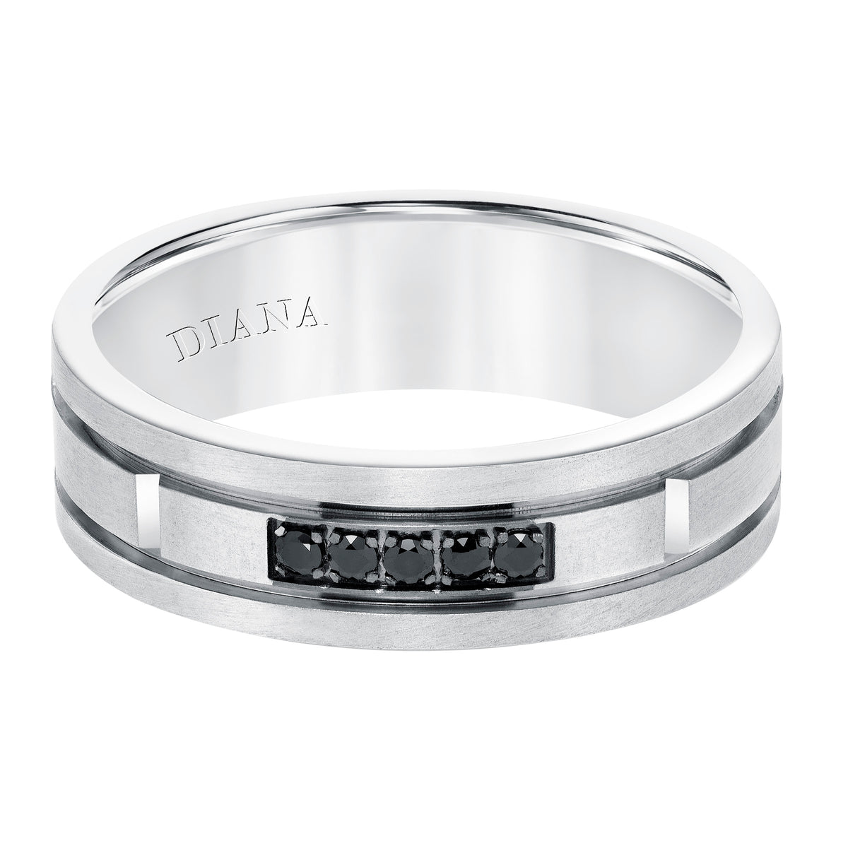 Men's diamond wedding band with satin finish, and flat profile with flat edges.