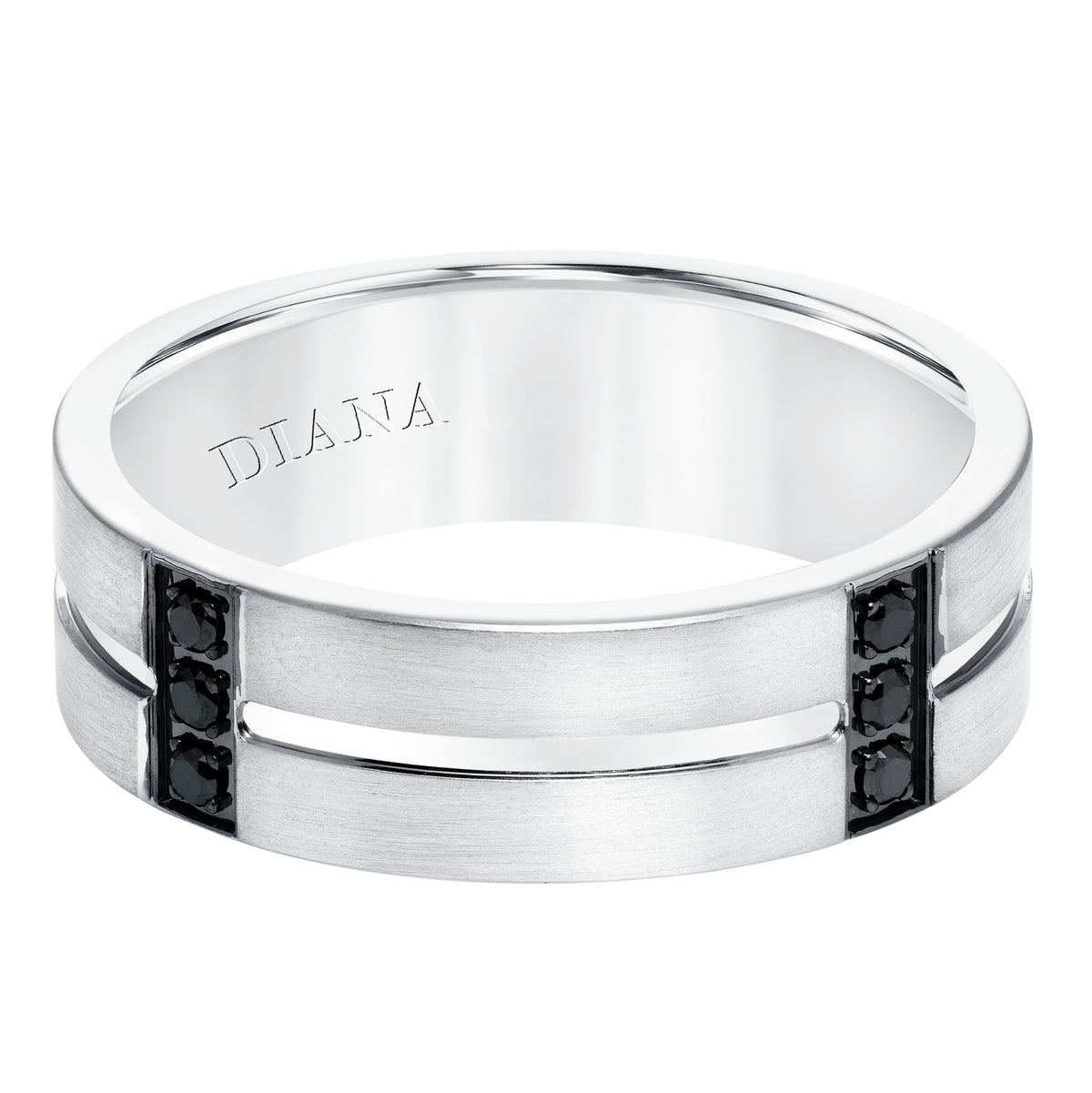Men's diamond wedding band with satin finish, and low dome with flat edges.