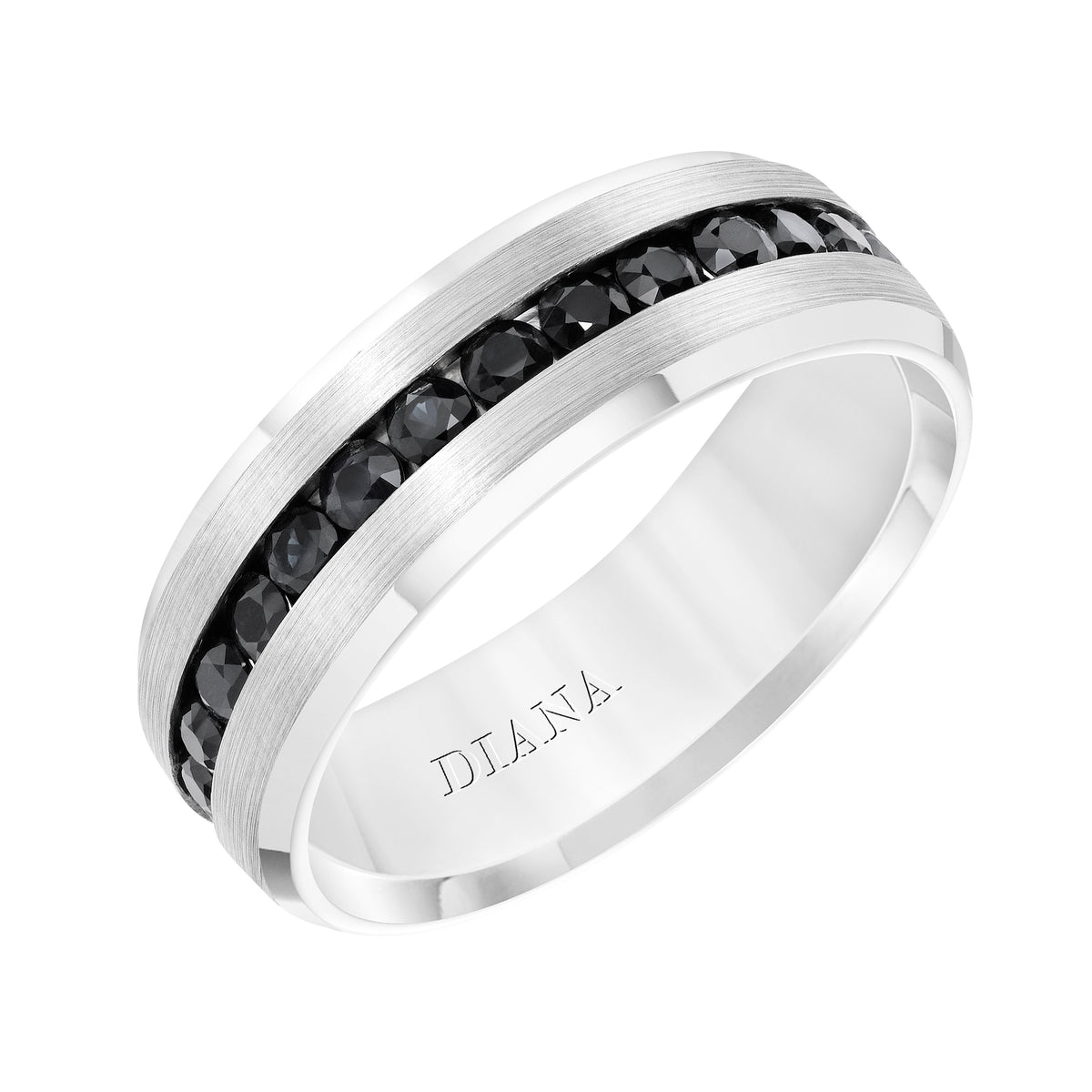 Men's Band with Single Row All Around Black Sapphires, Domed Brushed Finish and Bright Beveled Edge