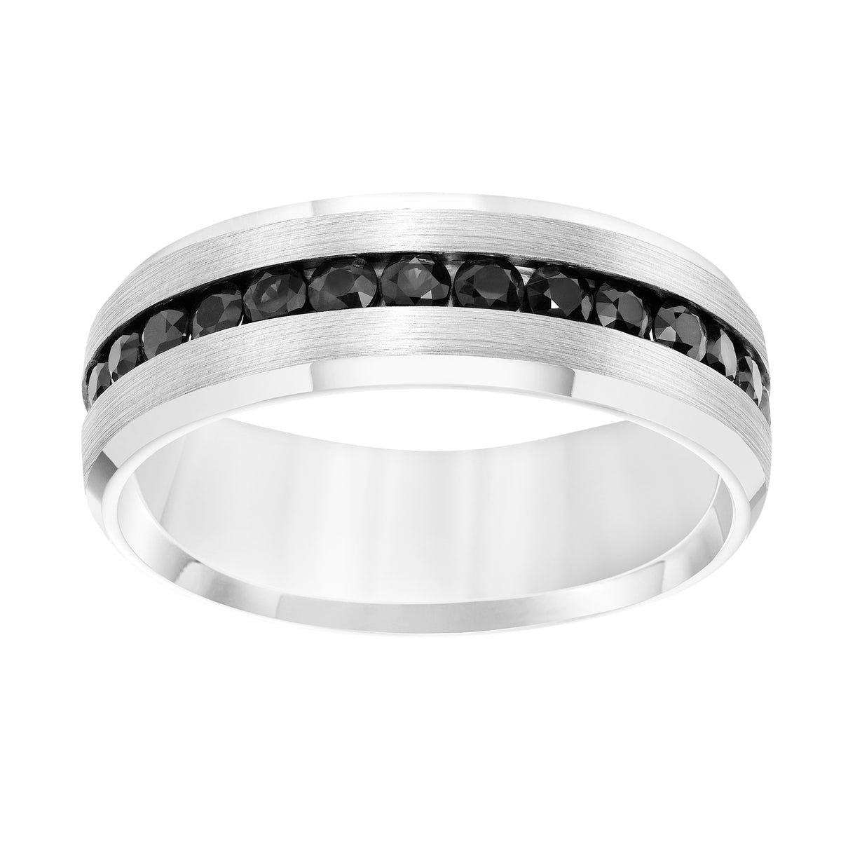 Men's Band with Single Row All Around Black Sapphires, Domed Brushed Finish and Bright Beveled Edge