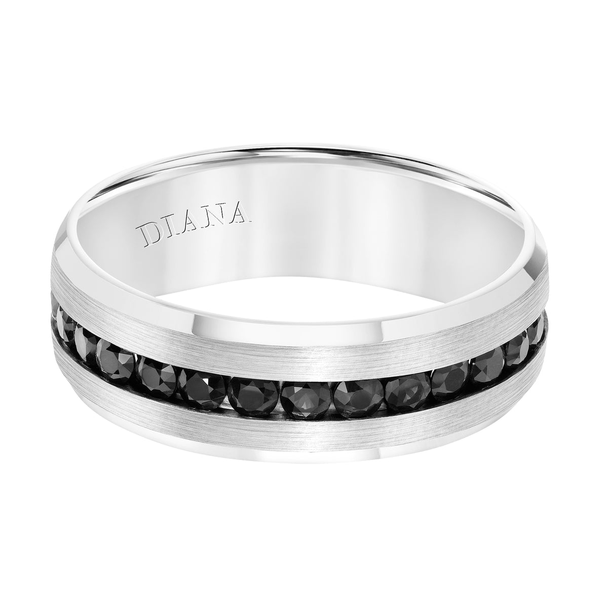 Men's Band with Single Row All Around Black Sapphires, Domed Brushed Finish and Bright Beveled Edge