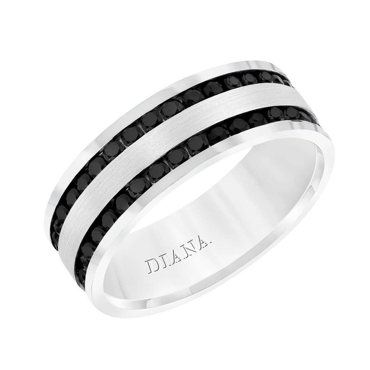 Men's Band with Double Row All Around Black Sapphires with Brushed Finish Center and High Polish Flat Edge