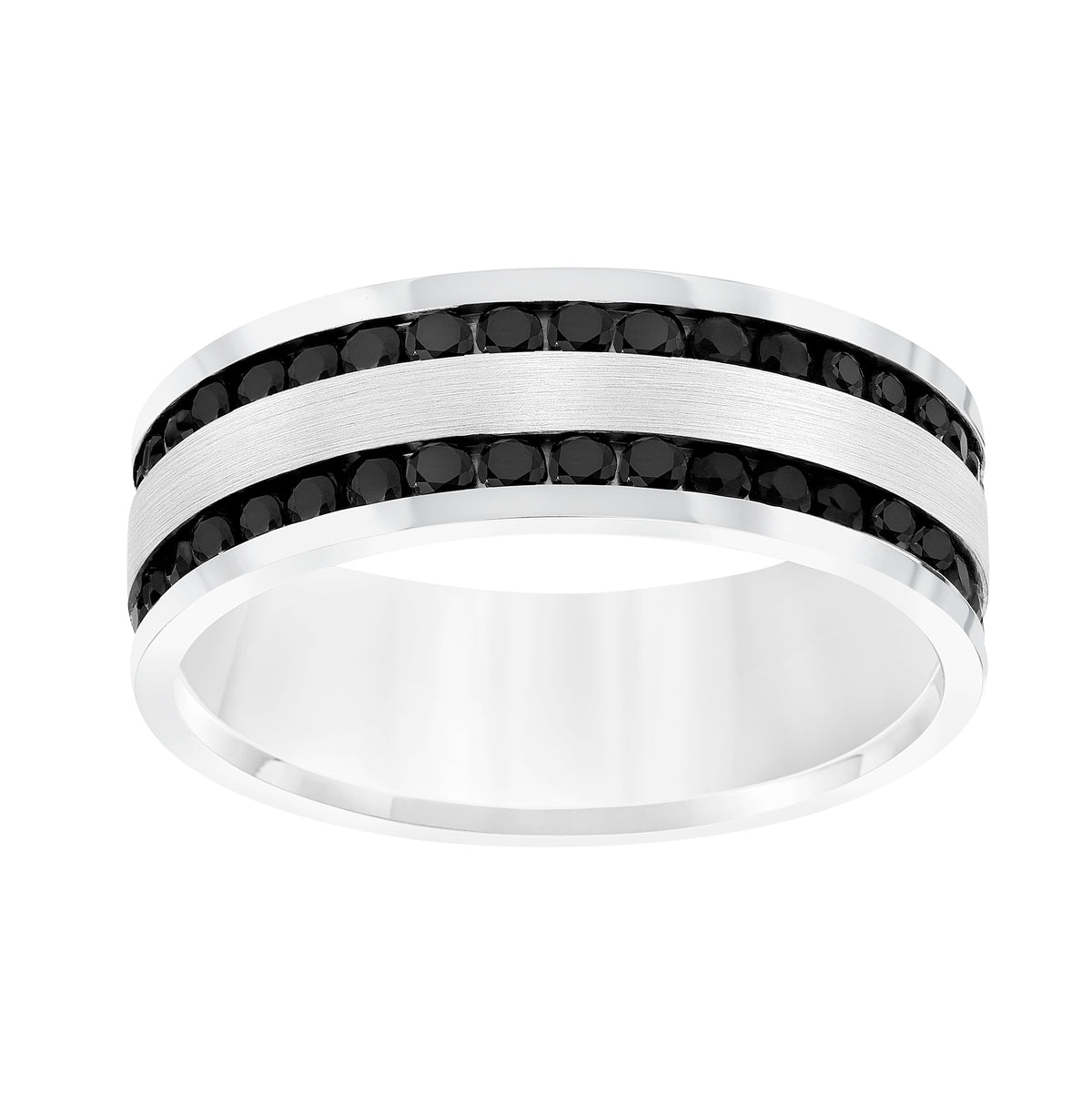 Men's Band with Double Row All Around Black Sapphires with Brushed Finish Center and High Polish Flat Edge