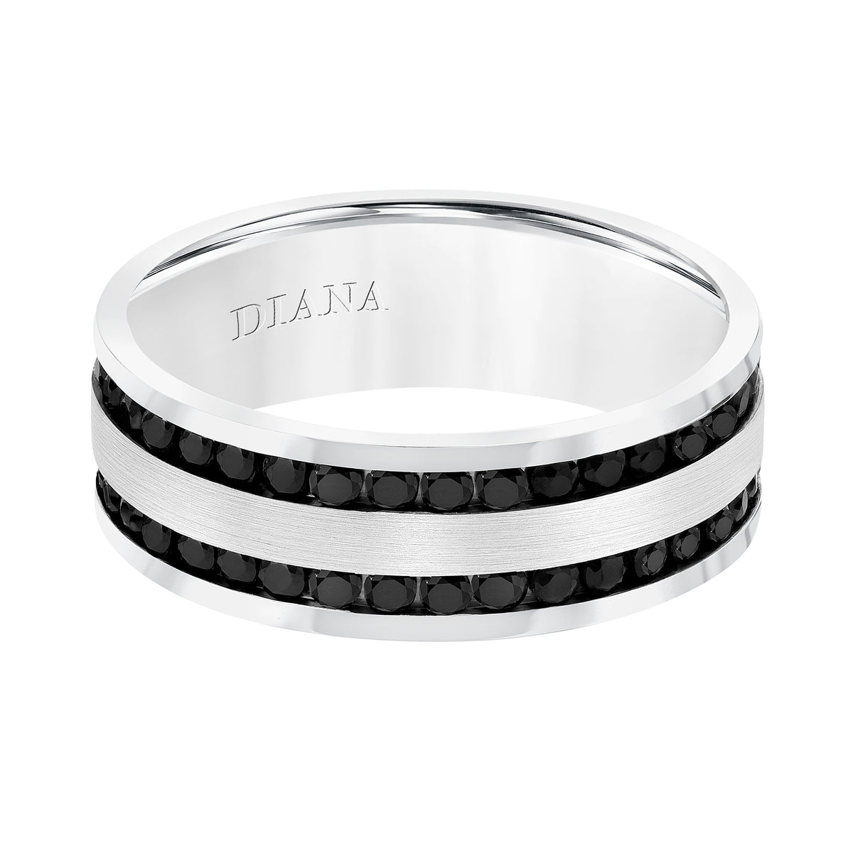 Men's Band with Double Row All Around Black Sapphires with Brushed Finish Center and High Polish Flat Edge
