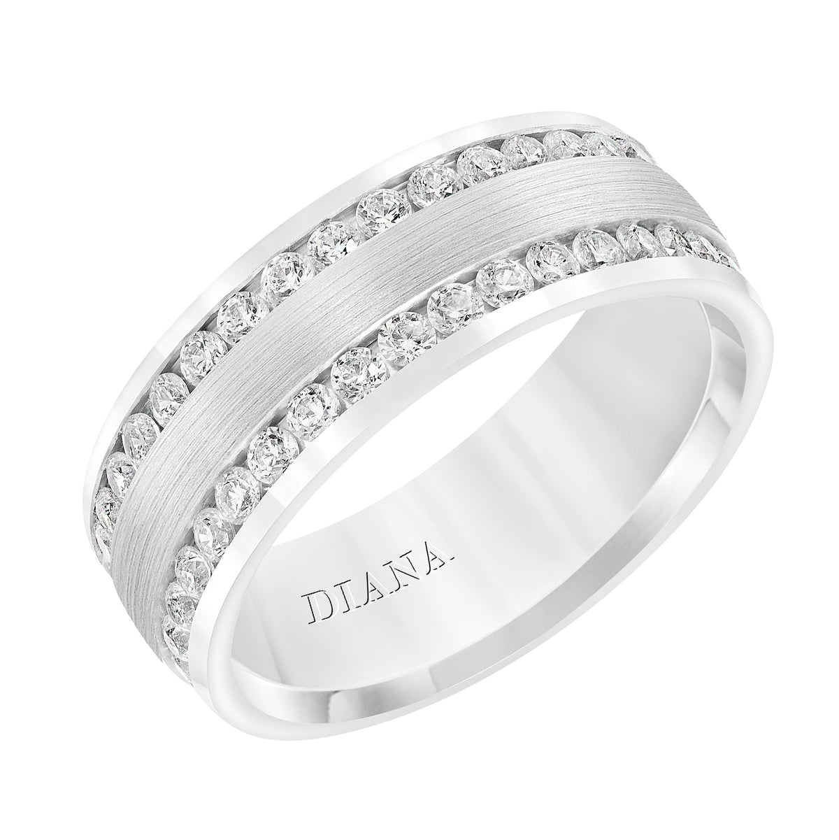 Men's Domed Wedding Band with Satin Finish Center and Two Rows of All Around Diamonds with Flat Bright Edge