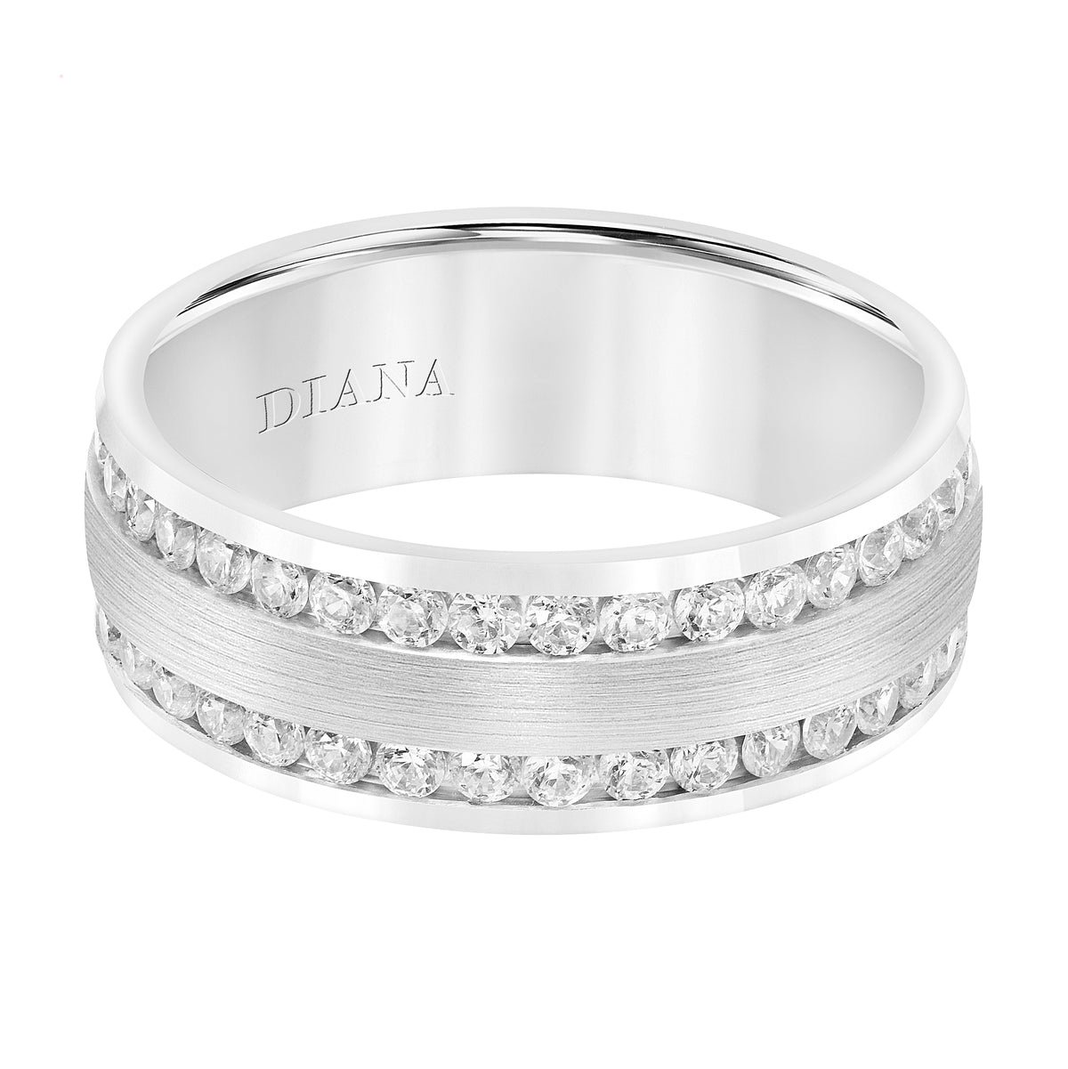 Men's Domed Wedding Band with Satin Finish Center and Two Rows of All Around Diamonds with Flat Bright Edge
