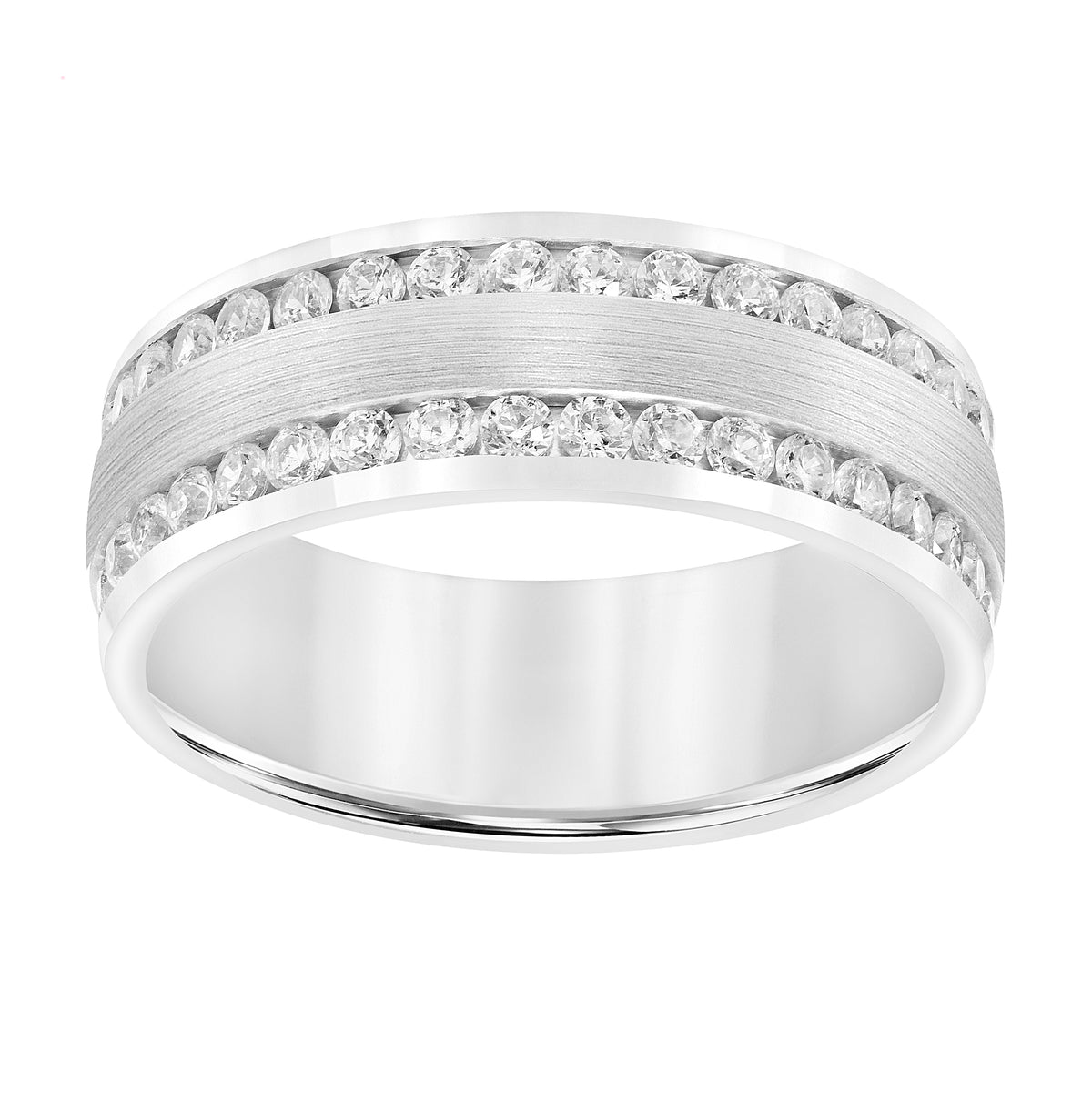 Men's Domed Wedding Band with Satin Finish Center and Two Rows of All Around Diamonds with Flat Bright Edge