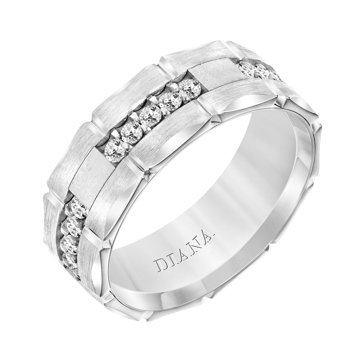 Men's Band with Brushed Finish Brick Detail with Satin Center with Prong Set Diamonds and Brushed Edge