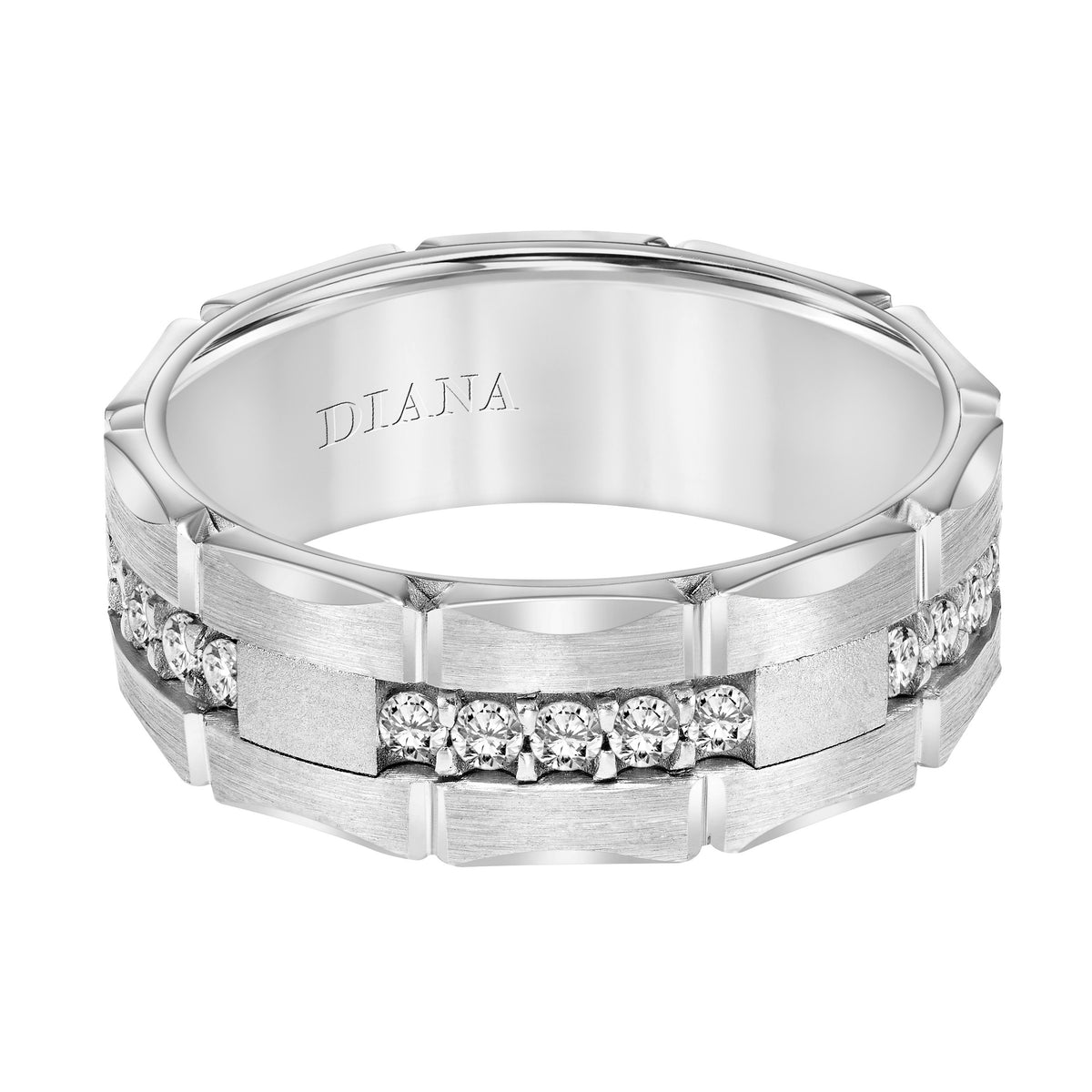 Ladie's Band with Brushed Finish Brick Detail with Satin Center with Prong Set Diamonds and Brushed Edge