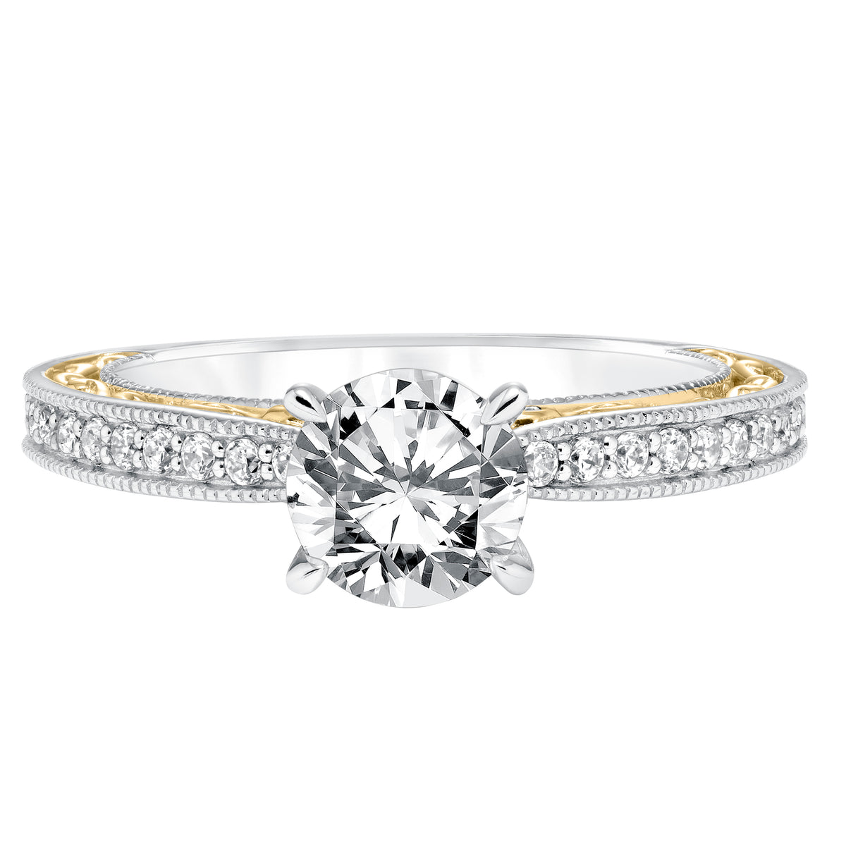 Vintage Diamond Filigree Accents and Milgrain Engagement Ring