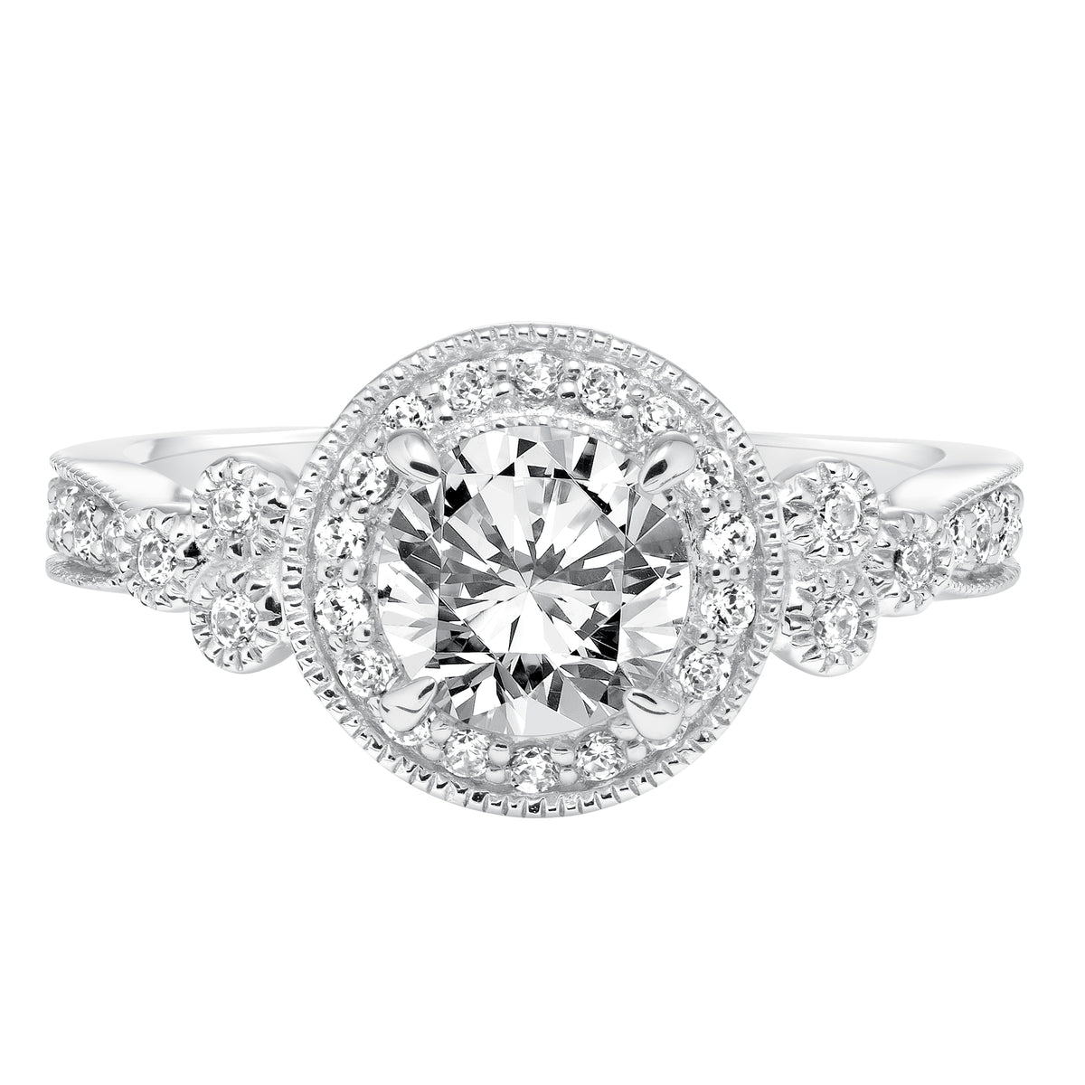 Vintage Diamond Halo with Bezel Set Side Stones and Milgrain Engagement Ring