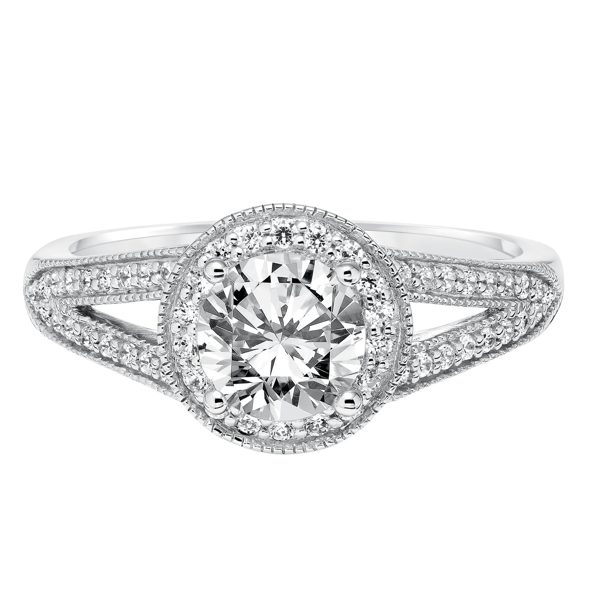 Vintage Diamond Halo Split Shank With Milgrain Engagement Ring