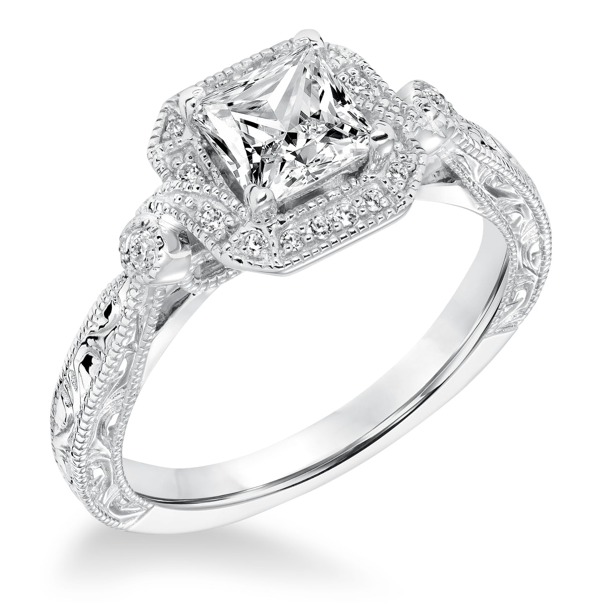 Vintage Diamond Halo Engraved and Milgrain Engagement Band