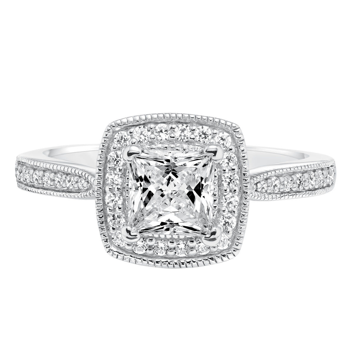 Vintage Diamond Halo and Milgrain Engagement Ring