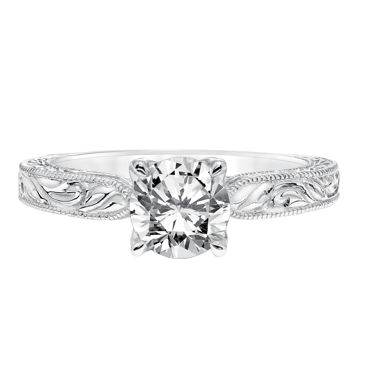 Vintage Diamond Engraved And Milgrain Solitaire With Surprise Diamonds Engagement Ring