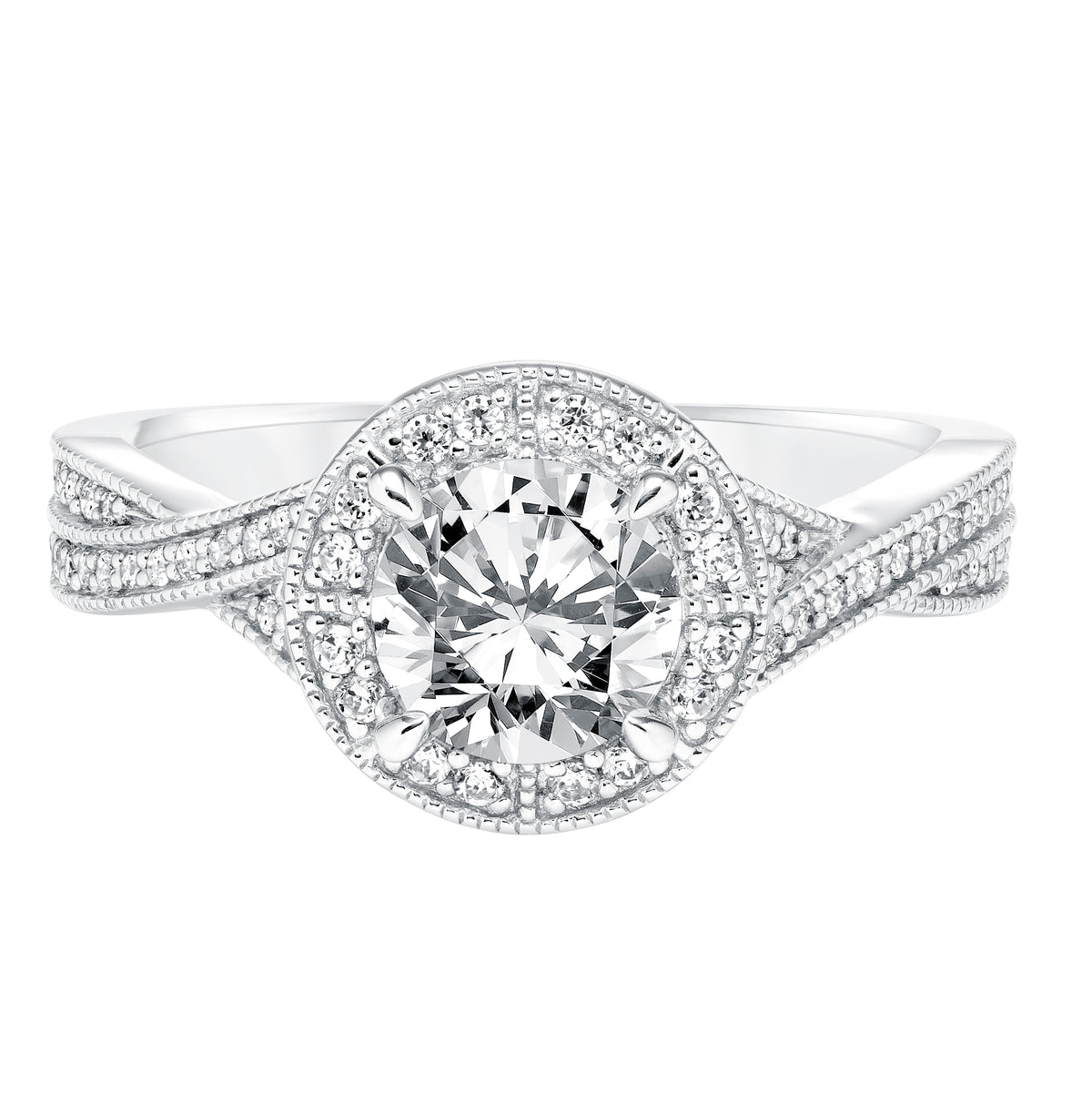 Diamond Halo Engagement Ring with Twisted Diamond Shank  and Milgrain Detail