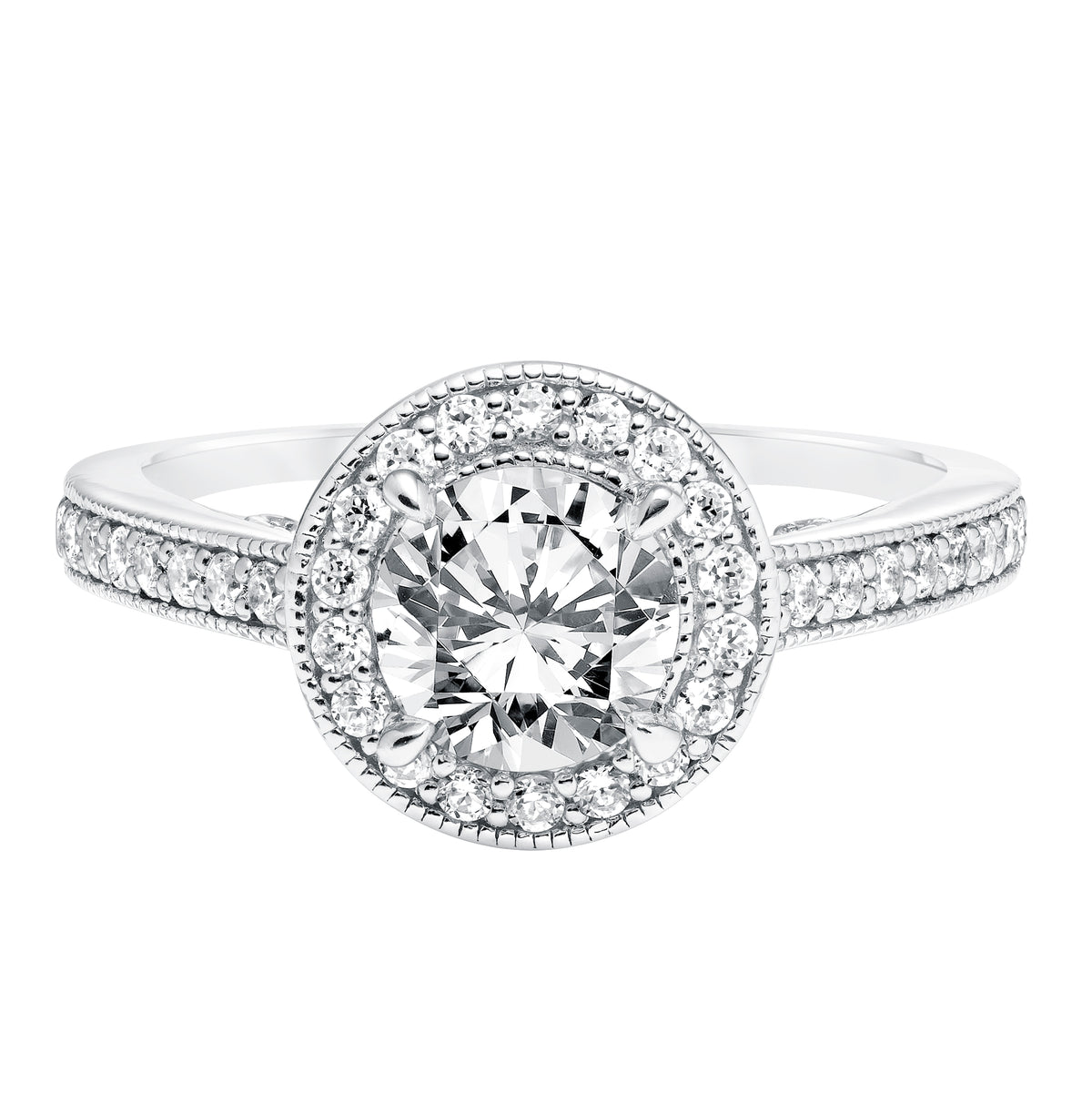 Diamond Halo Engagement Ring with Diamond Shank and Milgrain Detail
