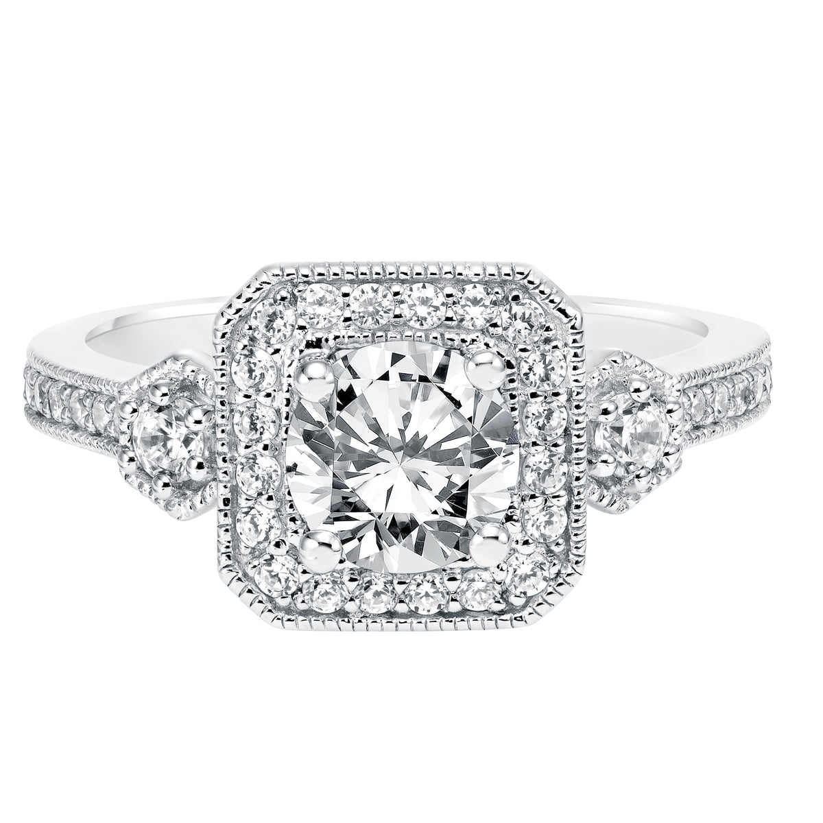 Three Stone Diamond Halo Engagement  Ring with Diamond Shank and Milgrain Detail