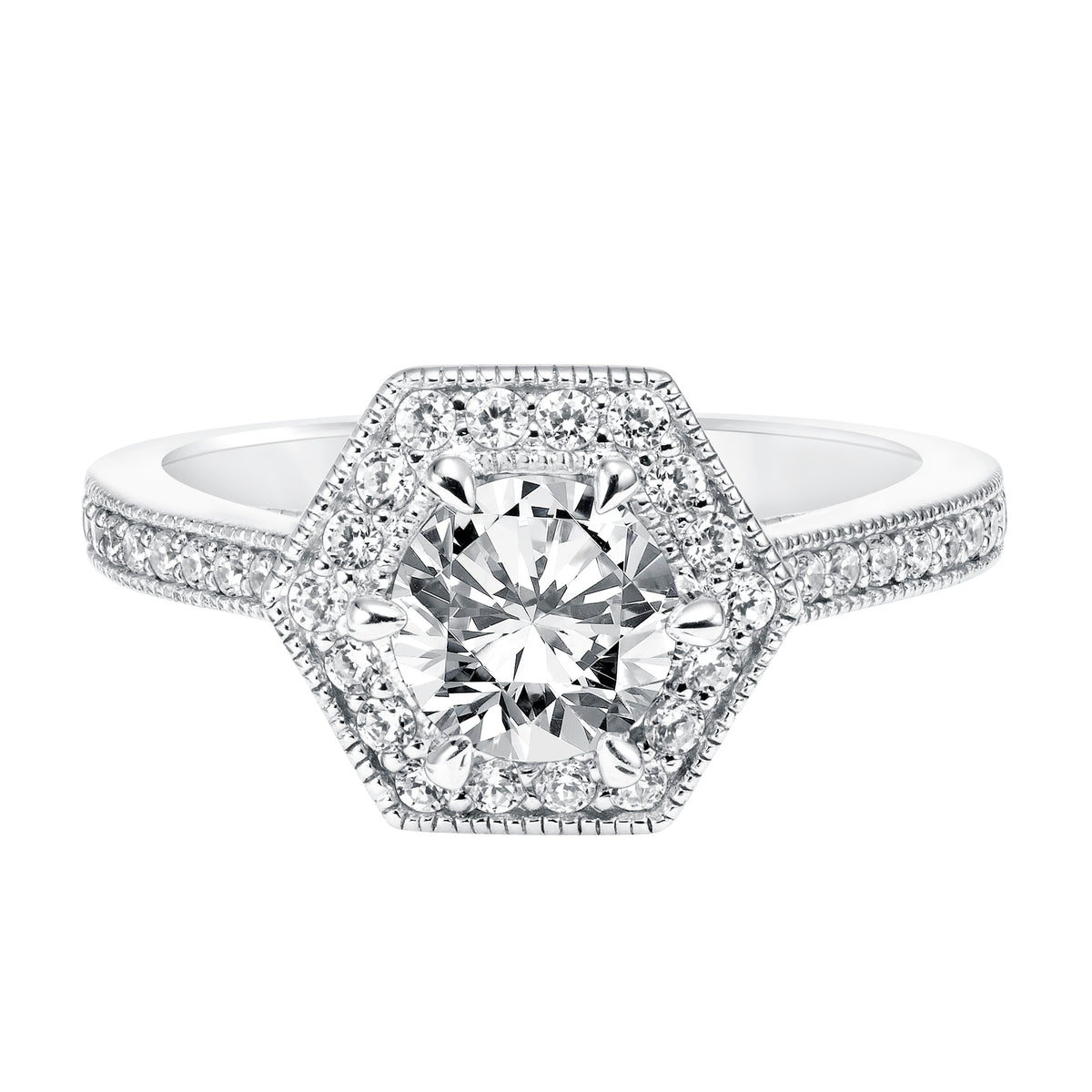 Diamond Halo Engagement  Ring with Diamond Shank and Milgrain Detail