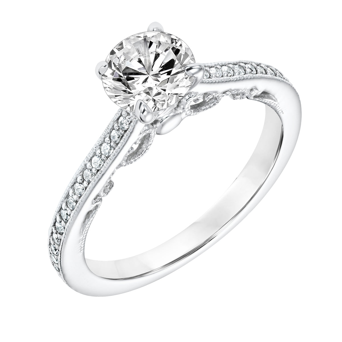 Diamond Prong Set Engagement Ring with Diamond Shank and Milgrain Detail