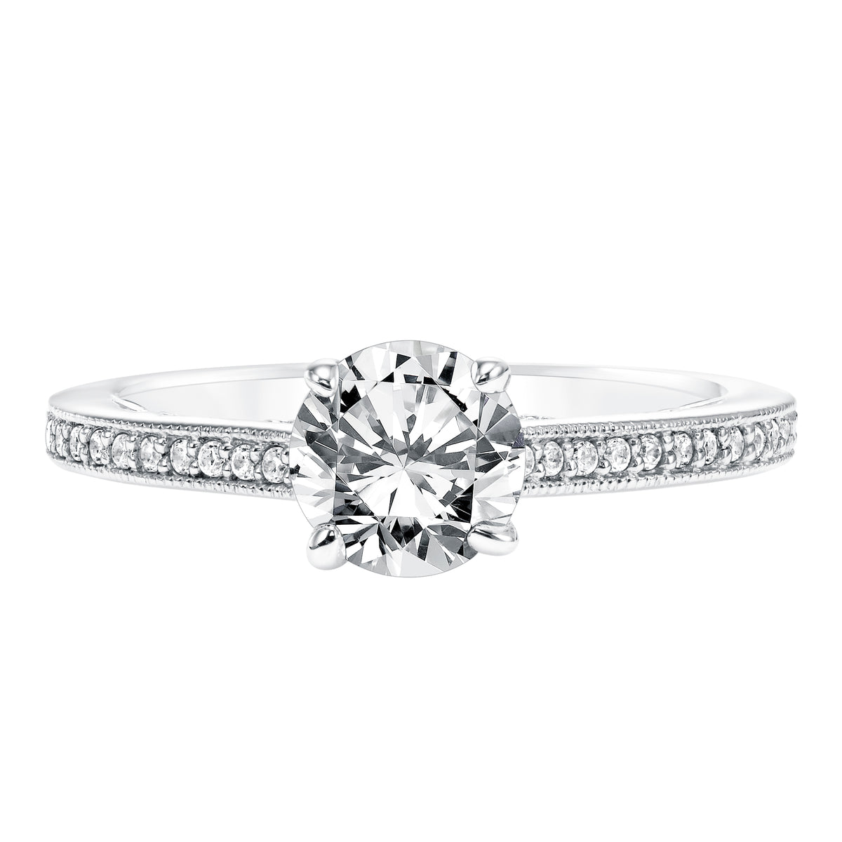 Diamond Prong Set Engagement Ring with Diamond Shank and Milgrain Detail
