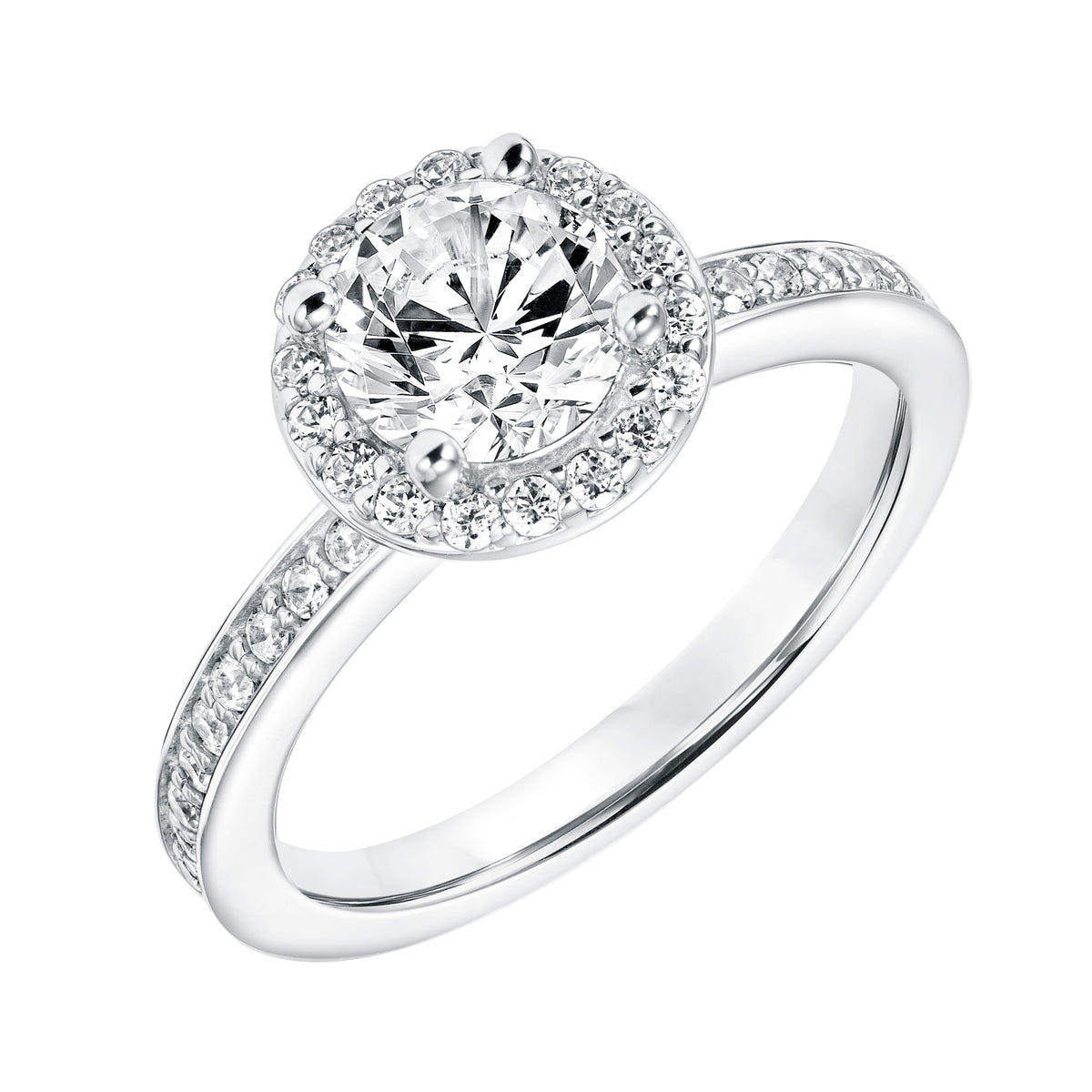 Diamond Prong Set Halo Engagement Ring with Diamond Shank