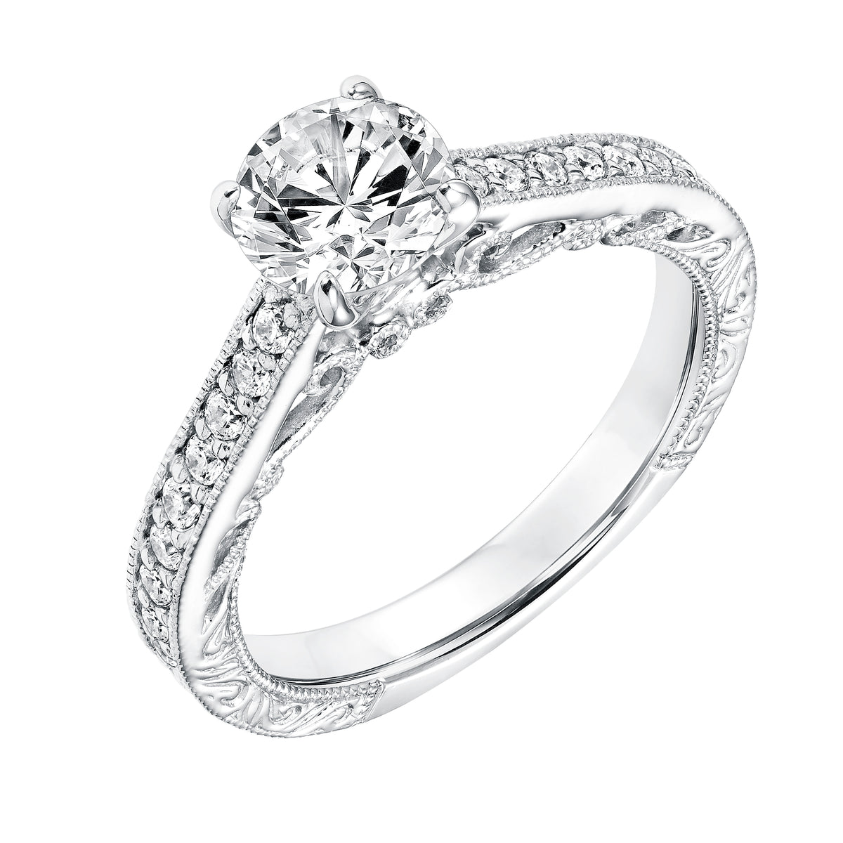 Diamond Prong set  Engagement Ring with Engraved Diamond Shank  Filigree and Milgrain Detail
