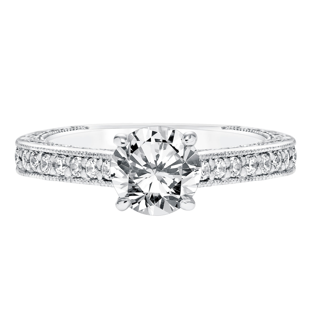 Diamond Prong set  Engagement Ring with Engraved Diamond Shank  Filigree and Milgrain Detail