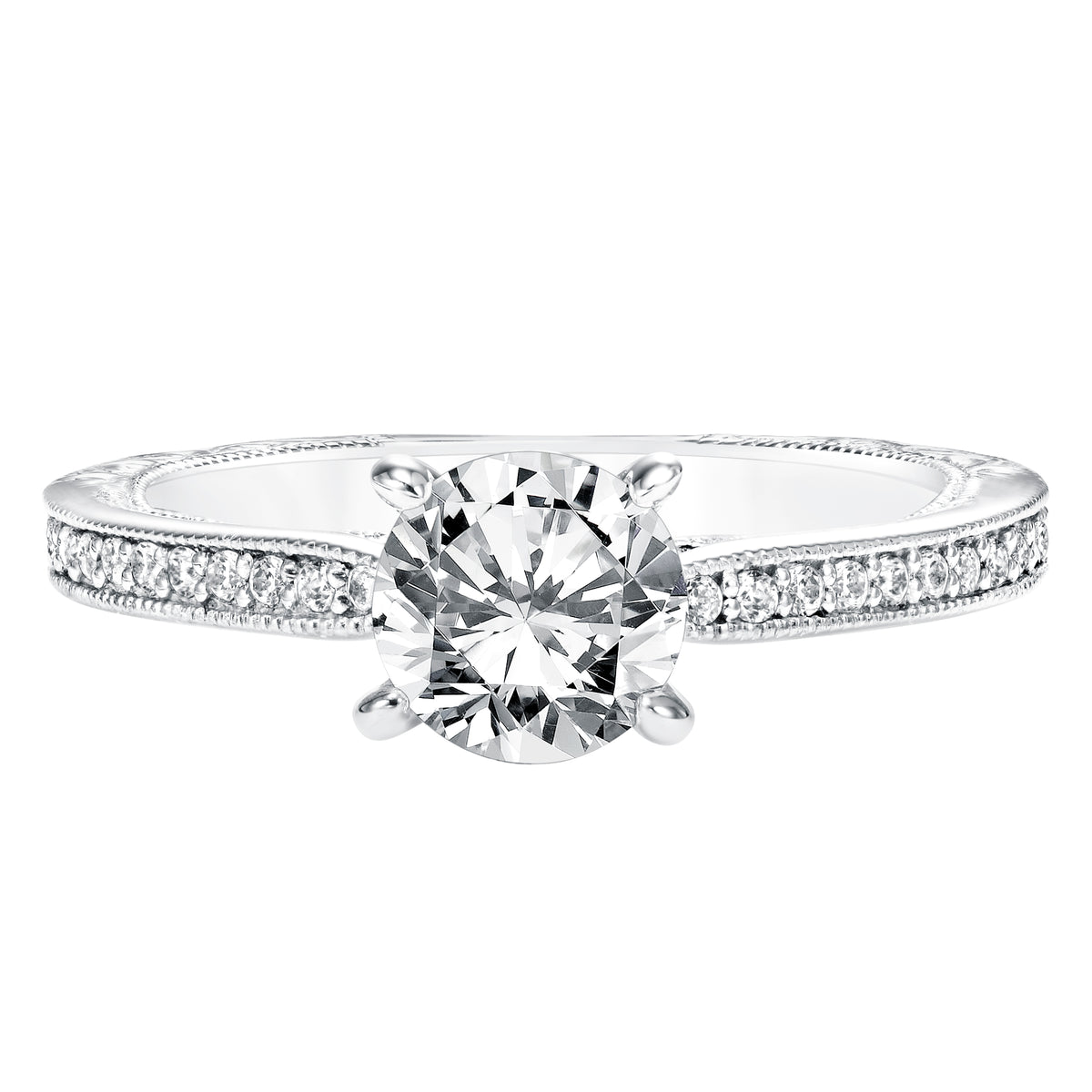 Diamond Engagement Ring with Engraved Diamond Shank  Filigree and Milgrain Detail
