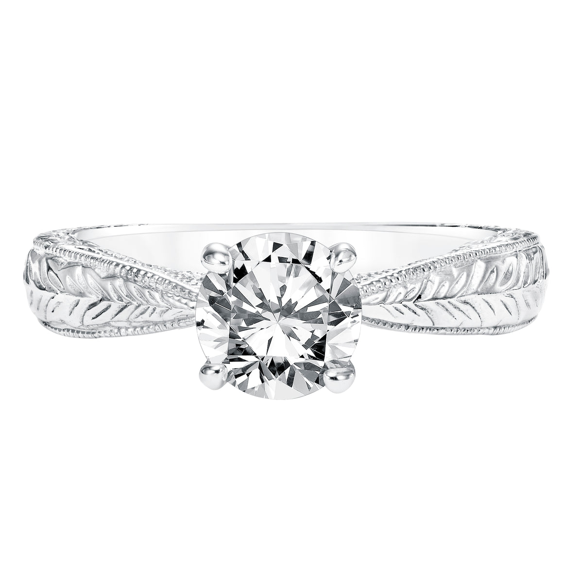 Diamond Solitaire Engagement Ring with Engraved Shank and  Milgrain Detail