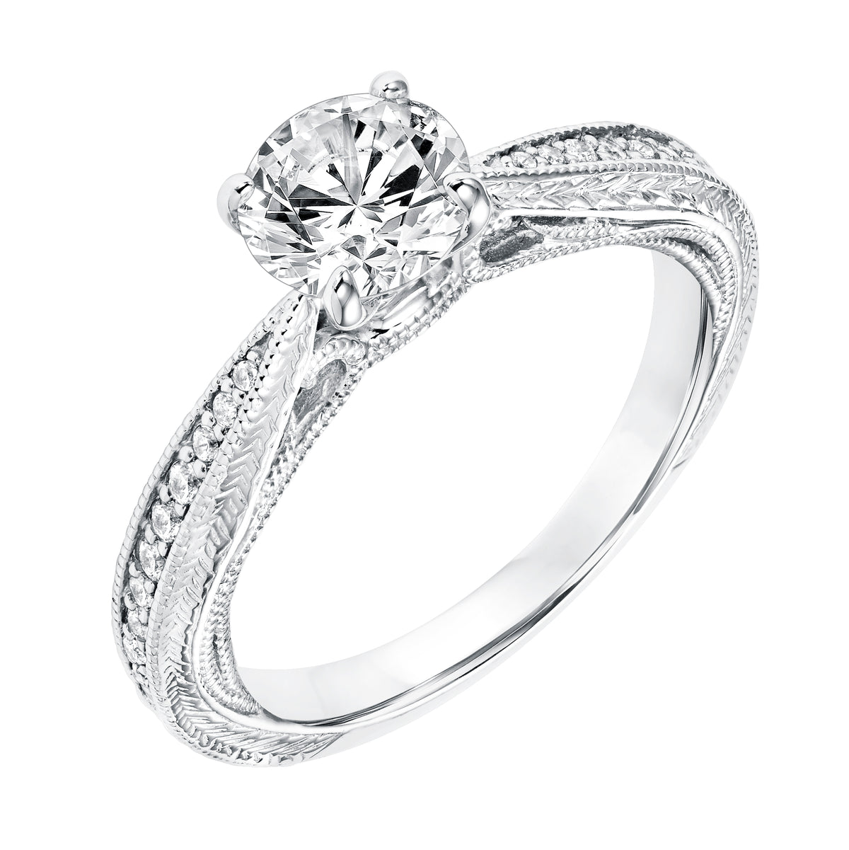 Diamond Prong Set Engagement Ring with Pinched Engraved Diamond Shank and Milgrain Detail