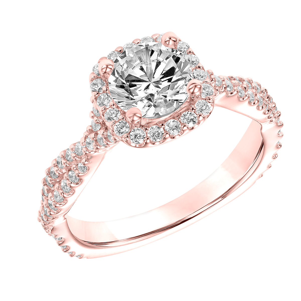 Diamond Halo Engagement Ring with Twisted Diamond Shank