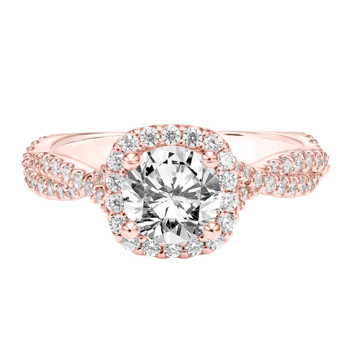 Diamond Halo Engagement Ring with Twisted Diamond Shank