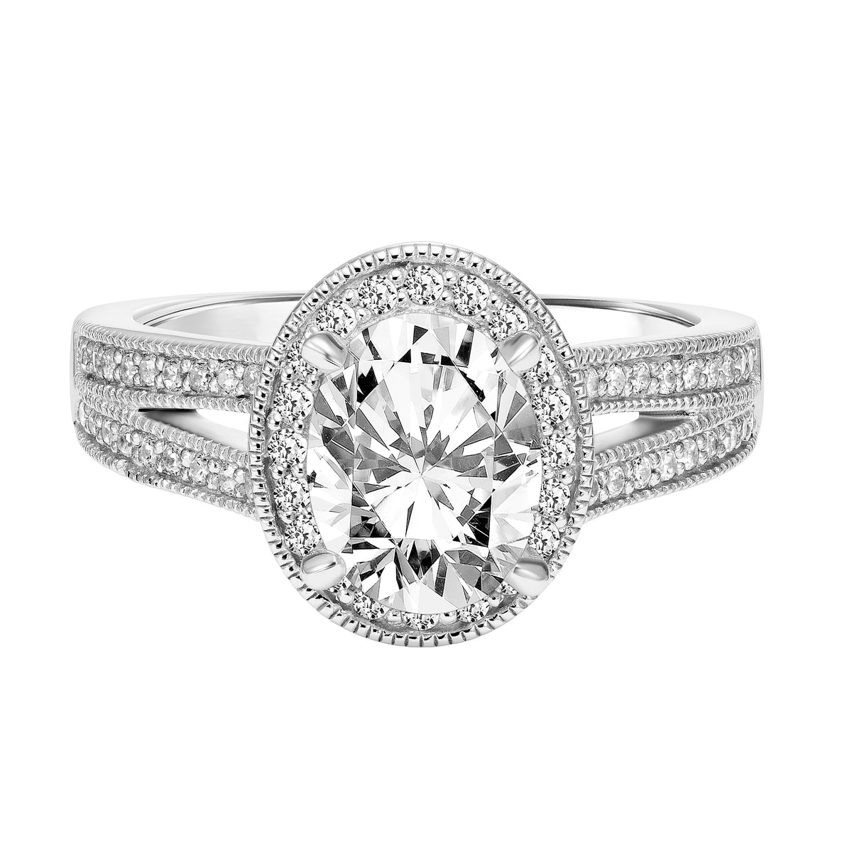 Vintage Diamond Halo Engagement Ring with Diamond Split Shank and  Milgrain Detail