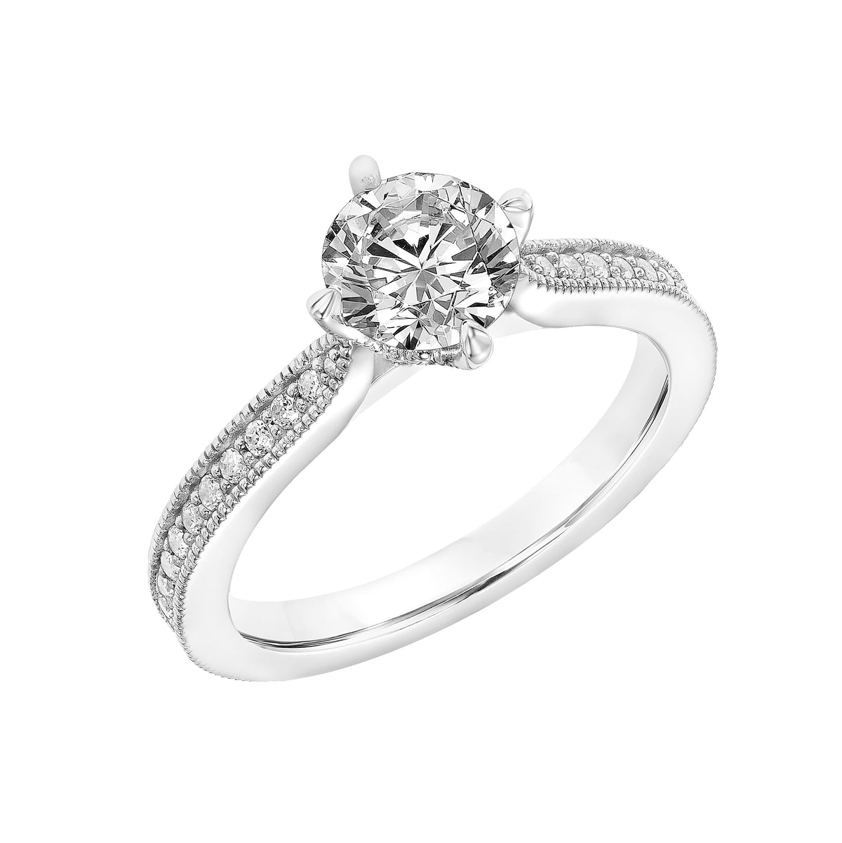 Vintage Diamond Prong Set Engagement Ring with Diamond Shank and  Milgrain Detail