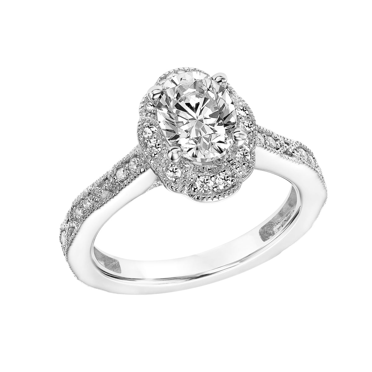 Vintage Diamond & Milgrain Halo Engagement Ring with Diamond, Filigree and  Milgrain Shank