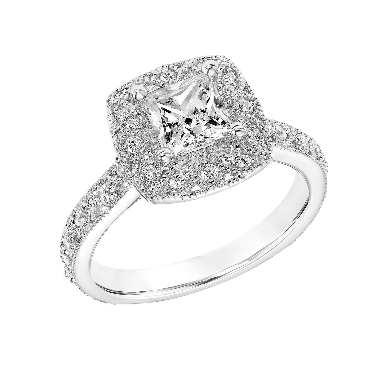 Vintage Diamond, Filigree and Milgrain Halo Engagement Ring with Diamond, Filigree and  Milgrain Shank