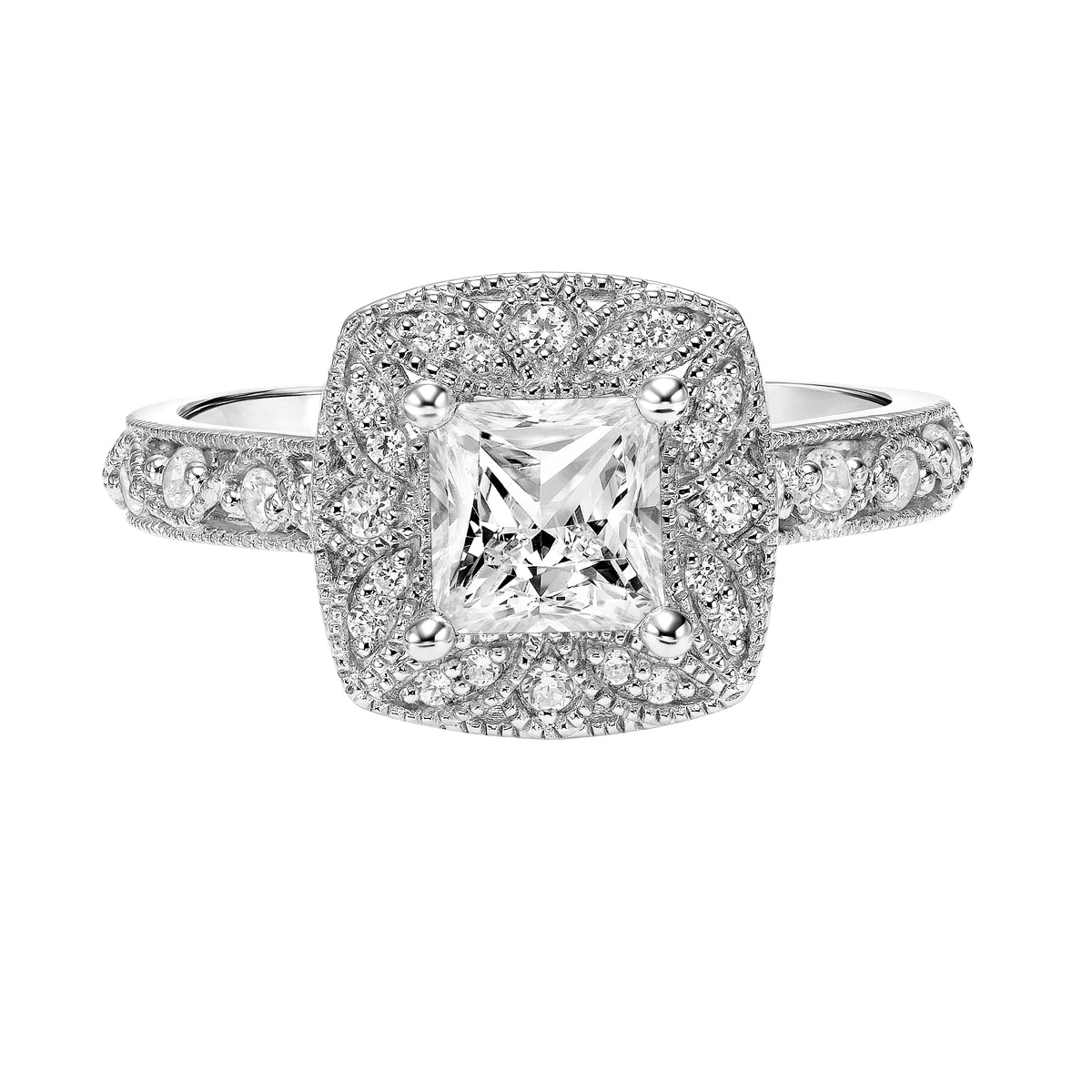 Vintage Diamond, Filigree and Milgrain Halo Engagement Ring with Diamond, Filigree and  Milgrain Shank