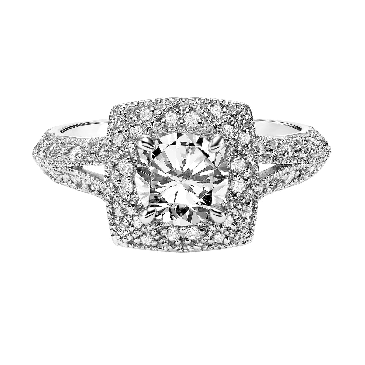 Vintage Diamond, Filigree and Milgrain Halo Engagement Ring with Diamond, Filigree and  Milgrain Split  Shank