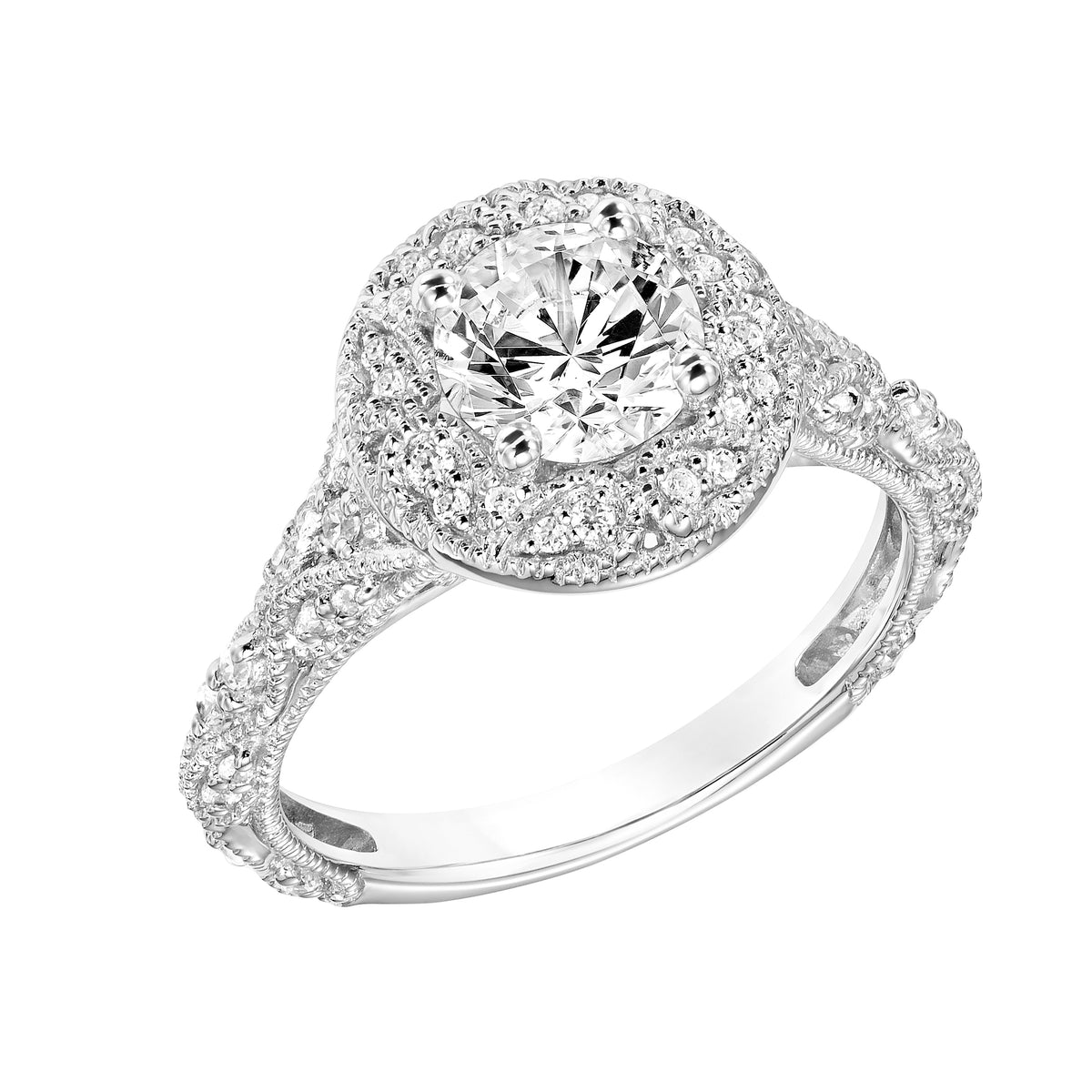 Vintage Diamond Halo Engagement Ring with  Milgrain Details