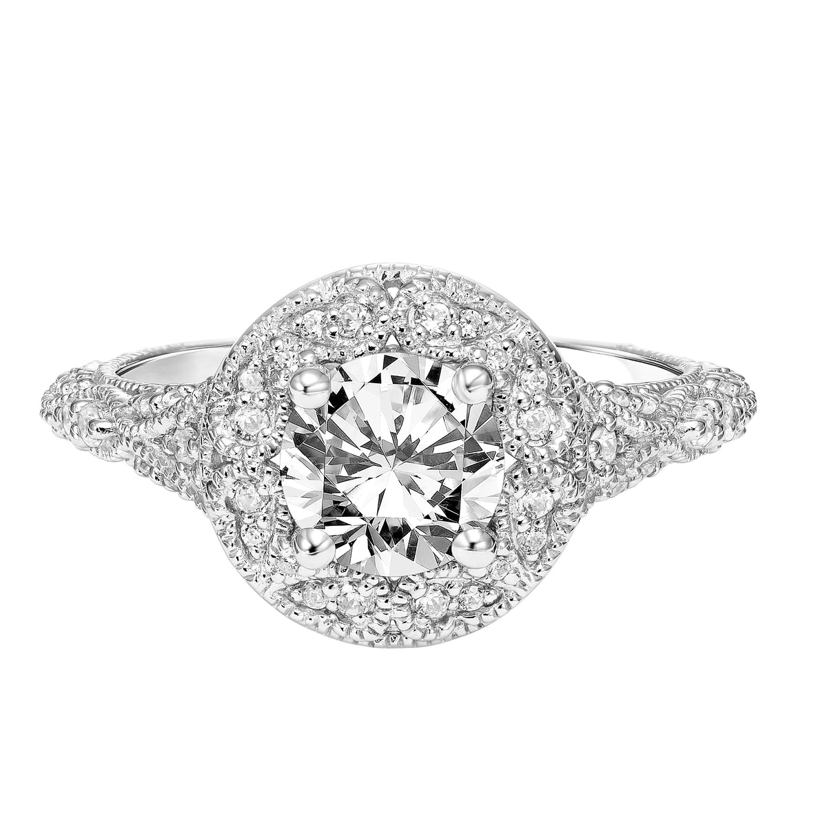 Vintage Diamond Halo Engagement Ring with  Milgrain Details